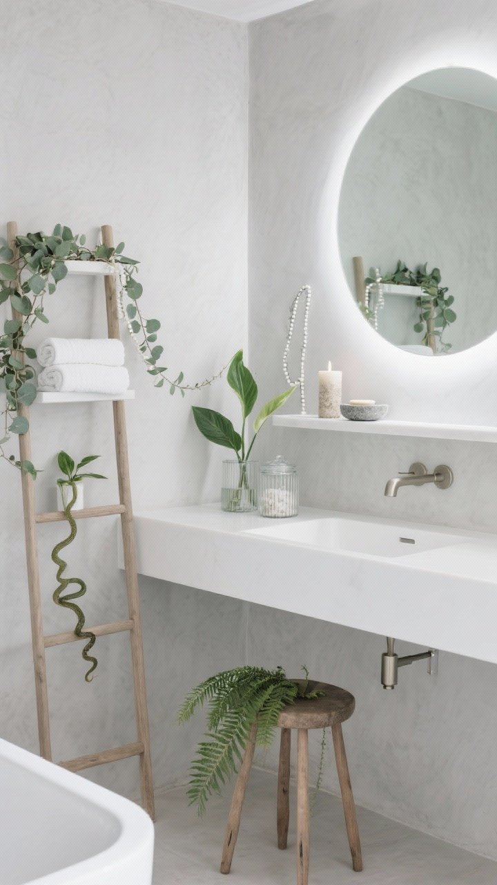 Medium shot, Serene Spa Bathroom With Floating Greens: crisp white fixtures and a pale gray microcement wall backdrop; slim floating shelf above the vanity holding trailing ivy and string of pearls; a stool by the tub with a fern or peace lily, glass canister of bath salts, and a candle; narrow ladder shelf with rolled towels and two small snake plants; brushed nickel hardware, ribbed glass bottles, stone soap dish, minimal line art; round backlit mirror casting a soft glow that reflects on glossy leaves; color palette white, mist gray, eucalyptus green; clean lines, airy spa mood, shot from a slight corner angle to include vanity, mirror, and shelf.