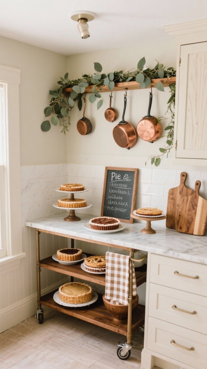 Medium shot, slight overhead angle on a farmhouse kitchen nook: A neutral backsplash with a narrow rolling cart styled as a pie bar; stacked cake stands at varying heights displaying pies, a small chalkboard sign, and tucked gingham tea towels; copper pans hanging or leaning and wooden cutting boards adding warmth; a simple eucalyptus garland draped across the upper shelf; color palette cream, copper, sage, cinnamon; textures include checkered cotton, marble, and wood grain; overhead cabinet lighting highlights the bakes.