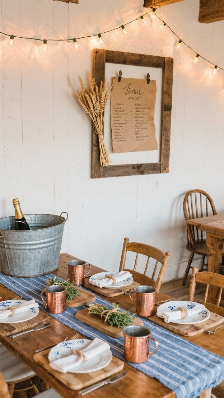 Medium shot, slight overhead angle: Rustic farmhouse scene featuring a salvaged wood frame hung vertically on a wall, with kraft paper behind it displaying a handwritten menu in paint pen. Dried wheat sprigs clipped to the frame for texture. A farm table dressed with a denim or ticking-stripe runner, white ironstone dishes on vintage cutting boards used as chargers, copper mugs gleaming, and herb bundles tucked into twine-wrapped napkins. In the background, Windsor chairs and a galvanized tub used as a champagne chiller; café lights strung in a loose zigzag above casting warm, festive glow. Palette: warm wood, copper, denim blue, cream.