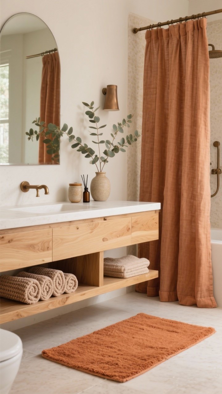 Medium shot, slightly elevated angle: Serene spa bathroom anchored by a terracotta bath rug and a matching clay-toned linen-blend shower curtain. A white oak vanity with brushed bronze fixtures supports a minimal countertop styled with stoneware canisters and a ceramic essential oil diffuser. A frameless arched mirror reflects eucalyptus stems and neatly rolled waffle towels on an open shelf. Palette: clay, sand, white oak, bronze. Materials: linen, stoneware, wood, soft metal finishes. Warm, calm lighting; no people.