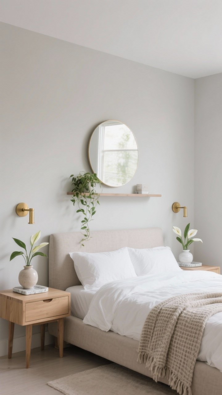 Medium shot, Soft Minimalist Bedroom Retreat: a serene bedroom in soft greige with a low oatmeal-linen upholstered bed dressed in crisp white bedding; light oak nightstands float on either side with brass sconces above; small marble trays and a single ceramic bud vase on one nightstand; peace lilies in white ceramic pots flank the bed, and a pothos trails from a wall-mounted shelf; a nubby throw and waffle blanket layered at the foot; large round mirror above a slim dresser reflecting gentle daylight; palette of greige, white, light oak, brushed brass; photorealistic, tranquil mood, corner angle.