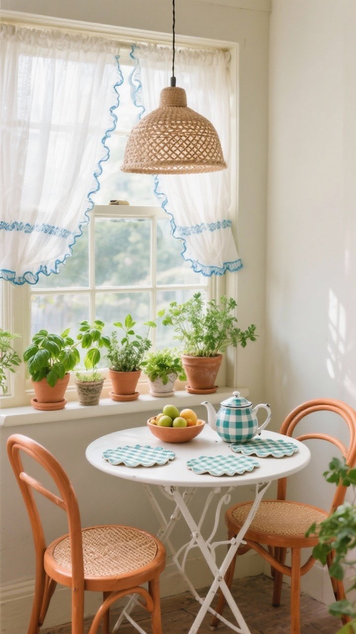 Medium shot, straight-on: A breakfast corner with greenhouse glow. A white metal bistro table and two curved-back chairs with cane seats sit by a window dressed in a ruffled café curtain filtering soft morning light. The sill is lined with potted herbs—basil, thyme, mint—in mismatched clay pots. Overhead, a woven pendant casts a gentle patterned glow. Tabletop styling includes gingham placemats, scalloped coasters, a simple fruit bowl, and a checkered enamel teapot. Color pops of terracotta, leafy green, cream, and a touch of cornflower blue.