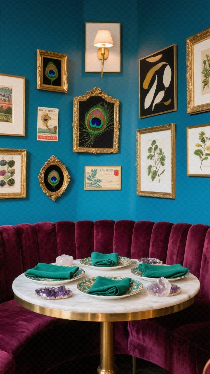 Medium shot, straight-on: Jewel-tone gallery wall above a velvet banquette used as part of the backdrop. Wall painted peacock blue or merlot, with a gallery of mismatched frames in brass and matte black holding abstract art, vintage postcards, and botanical prints. A round pedestal table in front layered with peacock plates, emerald napkins, and cut quartz or agate coasters for sparkle. A single picture light above the gallery highlights the artwork and adds warmth. Palette: peacock, emerald, merlot, brass. Rich, layered, photorealistic.