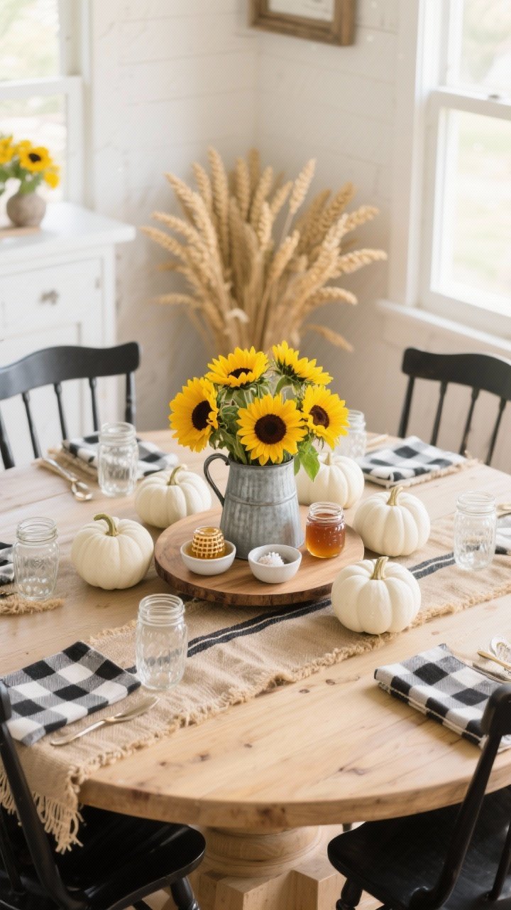 Medium shot, Sunflower Farmhouse Fresh: Light wood round table with a striped grain-sack runner. Galvanized pitcher overflowing with bright sunflowers, surrounded by small white pumpkins arranged around the base. Cream stoneware, black-and-white checked napkins, mason jar glasses. A wooden lazy Susan holding honey, jam, and tiny salt bowls. Black Windsor chairs provide contrast. Palette of wheat, sunflower yellow, cream, charcoal. Bright, cheerful daylight. Photorealistic.