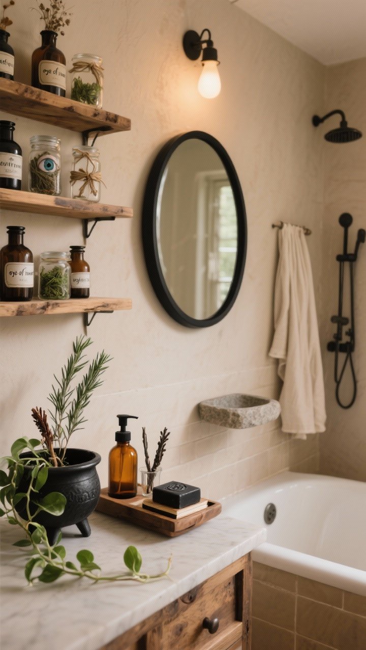 Medium shot — Witchy Apothecary Spa: A serene, neutral bathroom with mushroom beige walls and raw wood open shelves lined with labeled apothecary bottles, jars of faux “eye of newt,” and tied herb bundles. A round matte-black mirror hangs above a stone soap dish and linen shower curtain. On the tub, a wooden bath caddy holds an amber glass dispenser set, a black soap bar, sage smudge sticks, and a small spell book. A tiny cauldron planter with trailing pothos sits on the counter. Earthy greens, smoky blacks, and natural wood palette, with aromas implied by clove, cedar, and rosemary props. Soft, warm ambient lighting for a calming, mystical vibe, straight-on perspective.