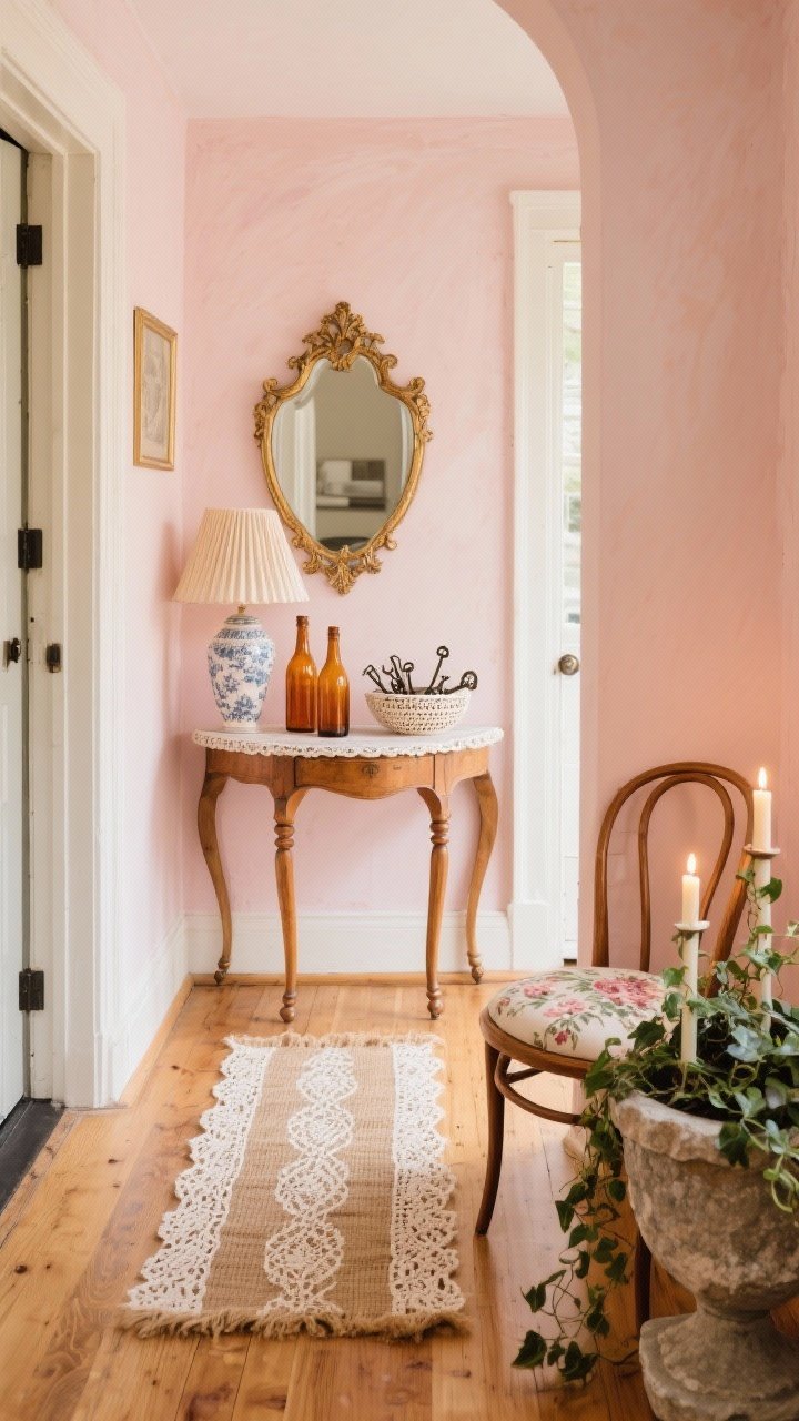 Medium shot with a gentle side angle: A romantic entry bathed in pale blush-peach paint wash, natural honey oak floors glowing warmly. A lace-edged runner layered over a jute base leads to a curved console table with turned legs in warm wood. On the console: amber glass bottles, a porcelain lamp with a pleated shade resting on a crocheted doily, and a bowl of vintage keys. Above, a baroque-style mirror with a softly aged gold frame. To the side, a bentwood chair with a floral seat cushion and a stone planter overflowing with trailing English ivy. Candlelit, gentle ambiance, photorealistic.