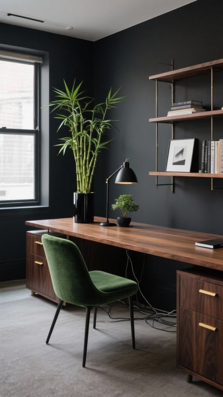 Medium, straight-on office scene with a deep charcoal accent wall behind a sleek walnut desk; matte black task lamp, velvet forest-green chair; tall ZZ Plant near the window, Lucky Bamboo cluster in a glossy black cylinder on the desk, compact Chinese Evergreen on a credenza; floating wood shelves, slim metal bookcase, framed monochrome art; palette of charcoal, walnut, black, deep green with brushed brass pulls; tidy, cords hidden, symmetrical layout; moody modern lighting with soft window light and subtle contrast; photorealistic, no people