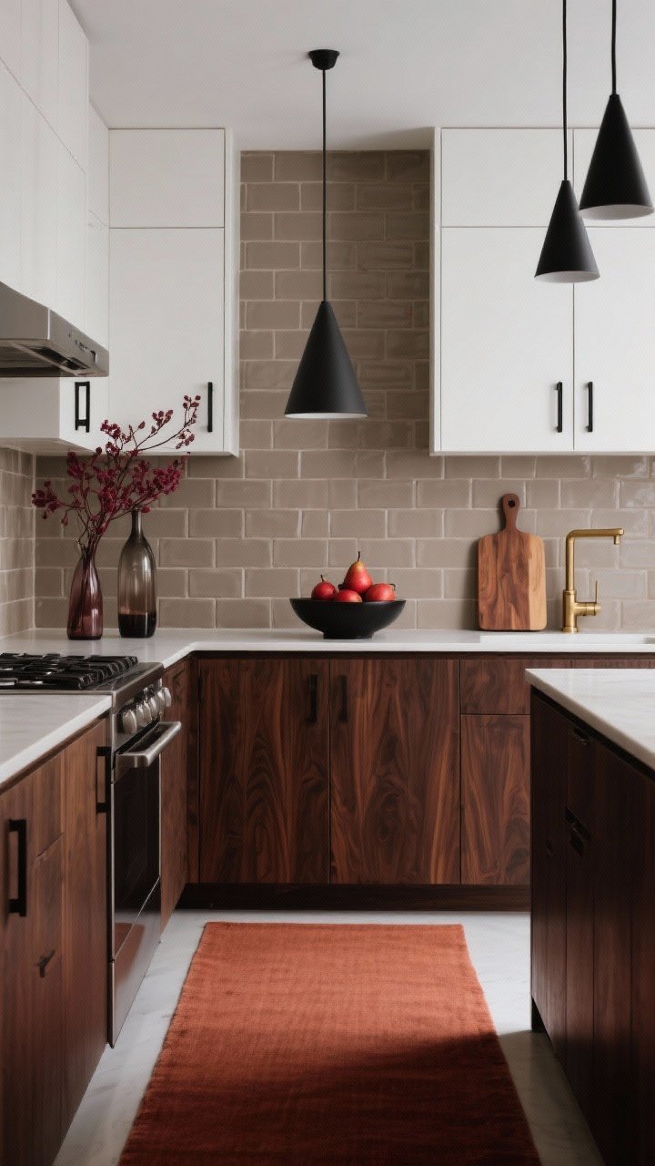 Medium, straight-on view of a modern kitchen with deep maple-brown/espresso lower cabinets and warm white uppers, thin-line black hardware; taupe zellige tile backsplash; slim black cone pendants; brushed brass faucet; counter styled with smoked glass vases holding burgundy branches, a matte black fruit bowl filled with red pears, and a walnut cutting board; a thin rust-colored runner grounding the walkway; clean, moody lighting.
