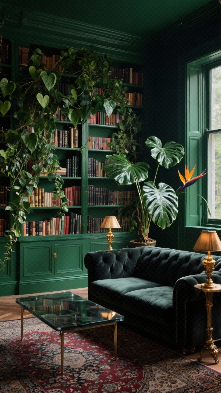 Medium, straight-on view of a Moody Emerald Library Jungle: deep emerald green walls with wall-to-wall built-in bookcases filled with books; trailing ivy and heartleaf philodendron spilling from shelves; a charcoal velvet sofa with a smoked glass low coffee table; large monstera deliciosa and bird of paradise near a window; Persian-style rug underfoot adding subtle pattern; antique brass library lamps casting warm, cozy light; palette of emerald, charcoal, oxblood accents, antique brass; dramatic, intimate atmosphere, photorealistic.