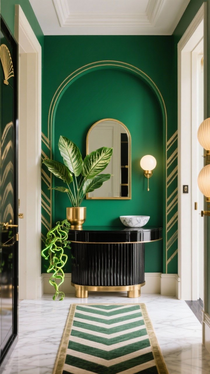 Medium, straight-on view of an Art-Deco entryway: bold emerald arch wall, geometric runner on the floor, lacquered console with fluted details; sculptural Dieffenbachia in a brass planter, compact Rubber Plant adding vertical fullness, trailing Neon Pothos glowing from a console corner; palette of emerald, cream, black, antique gold; arched mirror, globe sconce, marble catchall; subtle chevrons and fan motifs integrated; polished, luxe lighting with gentle highlights on metallics; photorealistic, no people
