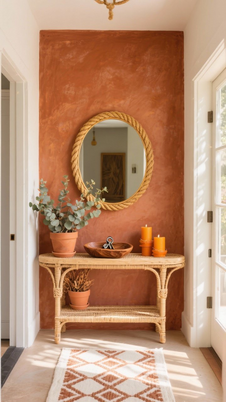Medium, sunlit entry focused on a terracotta accent wall with a natural rattan console; cream runner with rust geometric pattern grounds the space; console styled with terracotta pots filled with dried eucalyptus, a carved wood tray for keys, and burnt orange and saffron candles; a round rope-framed mirror above; golden-hour warmth, textures feel tactile.
