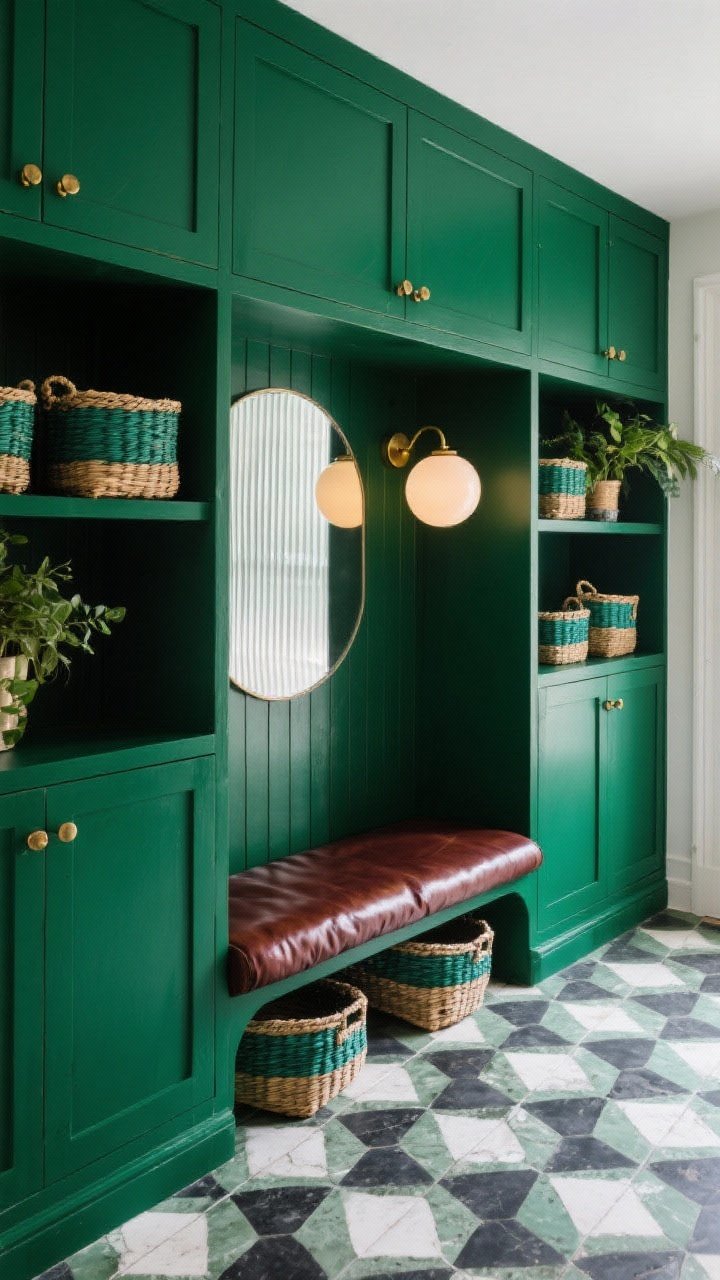Medium, vibrant indoor mud room vignette: deep emerald built-in cabinetry with brass cup pulls; bench topped with a rich brown leather cushion; graphic cement tile floor in black, white, and sage geometric pattern; open shelves styled with color-coordinated baskets and a few plants; a ribbed mirror on the wall; above it, a statement sconce with a milk-glass globe glowing warmly; bold, glamorous mood.