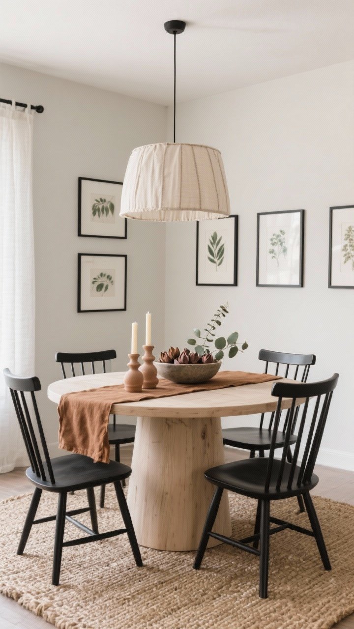 Medium-wide dining nook, minimalist and airy: light maple round table with four black spindle-back chairs, sculptural linen drum pendant overhead casting a soft glow. On the table, a cinnamon-toned runner with clustered stoneware taper holders in cream and clay, plus a low-profile bowl filled with dried lotus pods and eucalyptus. Behind, three small botanical prints in thin black frames on a neutral wall. Underfoot, a flat-weave jute rug grounding the scene. Clean, inviting, photorealistic.