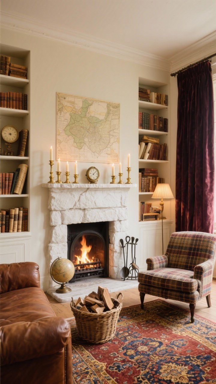 Medium-wide hearth view, photorealistic: A whitewashed stone fireplace centered with brass candleholders layered along the mantel, flanked by floor-to-ceiling shelves filled with old books, rolled maps, and a few candles, a tobacco leather settee and a plaid wool armchair arranged on a Persian-inspired rug in rust, indigo, and gold, basketed firewood beside iron fireplace tools, a globe, quill set, and vintage clock on the shelves, velvet curtains in deep tones slightly pooled on the floor, warm firelight and ambient lamplight creating a cozy, cream-chestnut-oxblood-antique gold palette, no people.