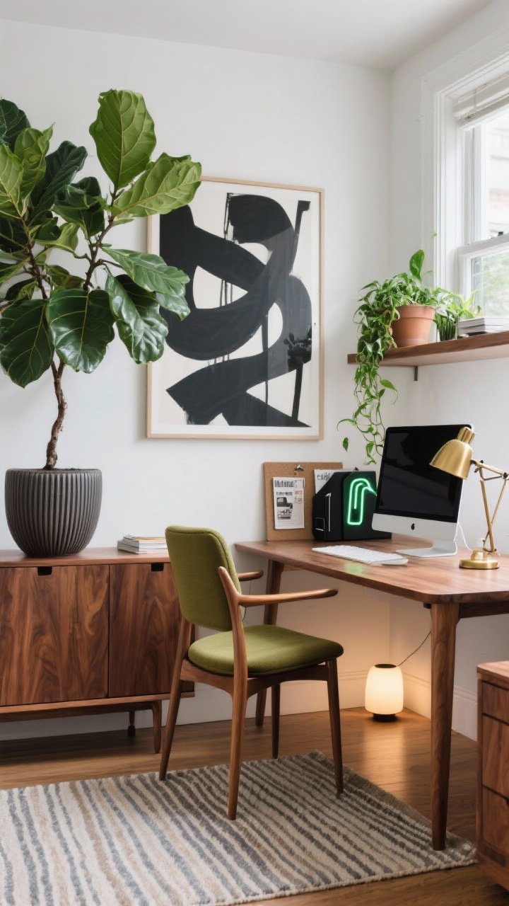 Medium/wide shot, Artful Home Office With Statement Greenery: warm walnut desk with a mid-century chair upholstered in olive; bold black-and-white abstract print on the wall behind the desk; large rubber tree in a ribbed planter near the window, tabletop ZZ plant beside the monitor, and a neon pothos trailing across a floating shelf; closed credenza for storage, black magazine files, linen pinboard; adjustable brass task lamp on the desk and a soft-glow floor uplight in the corner; muted striped rug grounding the space; palette of walnut, olive, charcoal, crisp white; photorealistic, productive and artful atmosphere, corner angle.