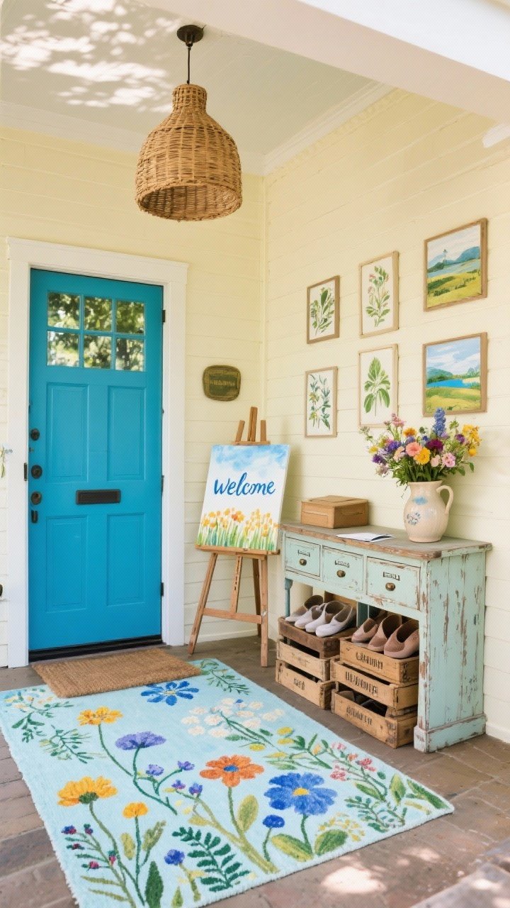 Medium-wide shot from doorway perspective: An artistic porch entry with a cheerful cornflower blue door, buttercream walls, and a hand-painted-looking rug with wildflower motifs. A weathered art easel displays a seasonal watercolor welcome. Along the wall, a slim apothecary-style console with labeled drawers holds mail; on top sits a ceramic pitcher bursting with fresh blooms. Stacked vintage crates serve as shoe storage. Botanical prints mix with small plein-air landscapes on the wall. Overhead, a rattan pendant casts dappled, soft shadows. Joyful, breezy, colorful, photorealistic.