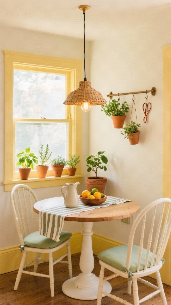 Medium-wide shot, Sunlit Breakfast Nook With Citrus and Herbs: buttery off-white walls, round bistro table with white pedestal base and oak top, two spindle-back chairs with pale sage seat cushions; window ledge lined with mismatched terracotta herb pots (basil, rosemary, mint, thyme); nearby clay planter with a dwarf calamondin orange or Meyer lemon; rattan pendant with warm Edison bulb overhead; wall-mounted rail holding hanging herb planters and copper scissors; table styled with a striped runner, simple ceramic pitcher, and wooden fruit bowl; cream, sage, terracotta, sunny yellow palette; bright morning light streaming in, shot straight-on to capture the window and table.