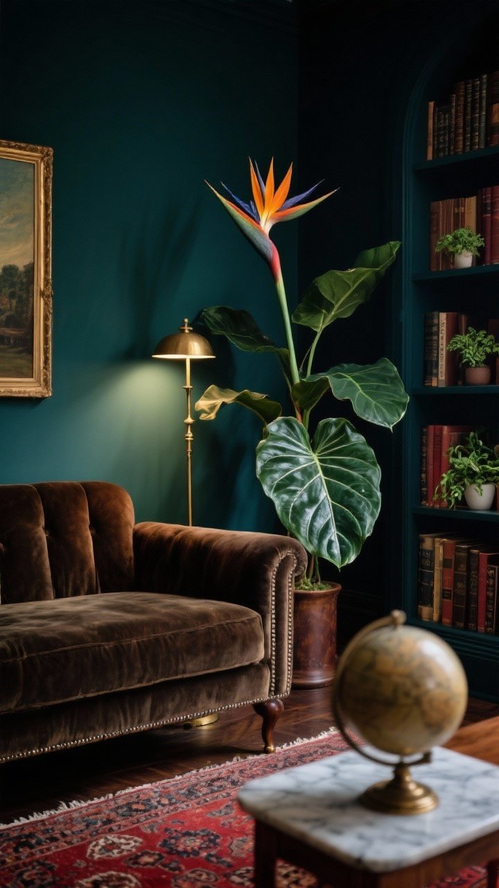 Moody closeup/detail, Library Den With Sculptural Foliage: deep inky blue or moss green wall behind a low-slung velvet sofa in forest or tobacco; dramatic, low layered lighting from a vintage brass floor lamp and a picture light; close focus on sculptural leaves of a pedestal-mounted alocasia with a bird of paradise rising in the background; built-in bookcases partially visible with small pilea and peperomia tucked among books; Persian-style rug in rich reds peeking at the bottom; materials include velvet upholstery, dark wood, aged leather; accents of oil painting-style print edge, marble coaster, vintage globe blur; palette ink, forest, oxblood, antique brass; intimate, moody, shallow depth of field.