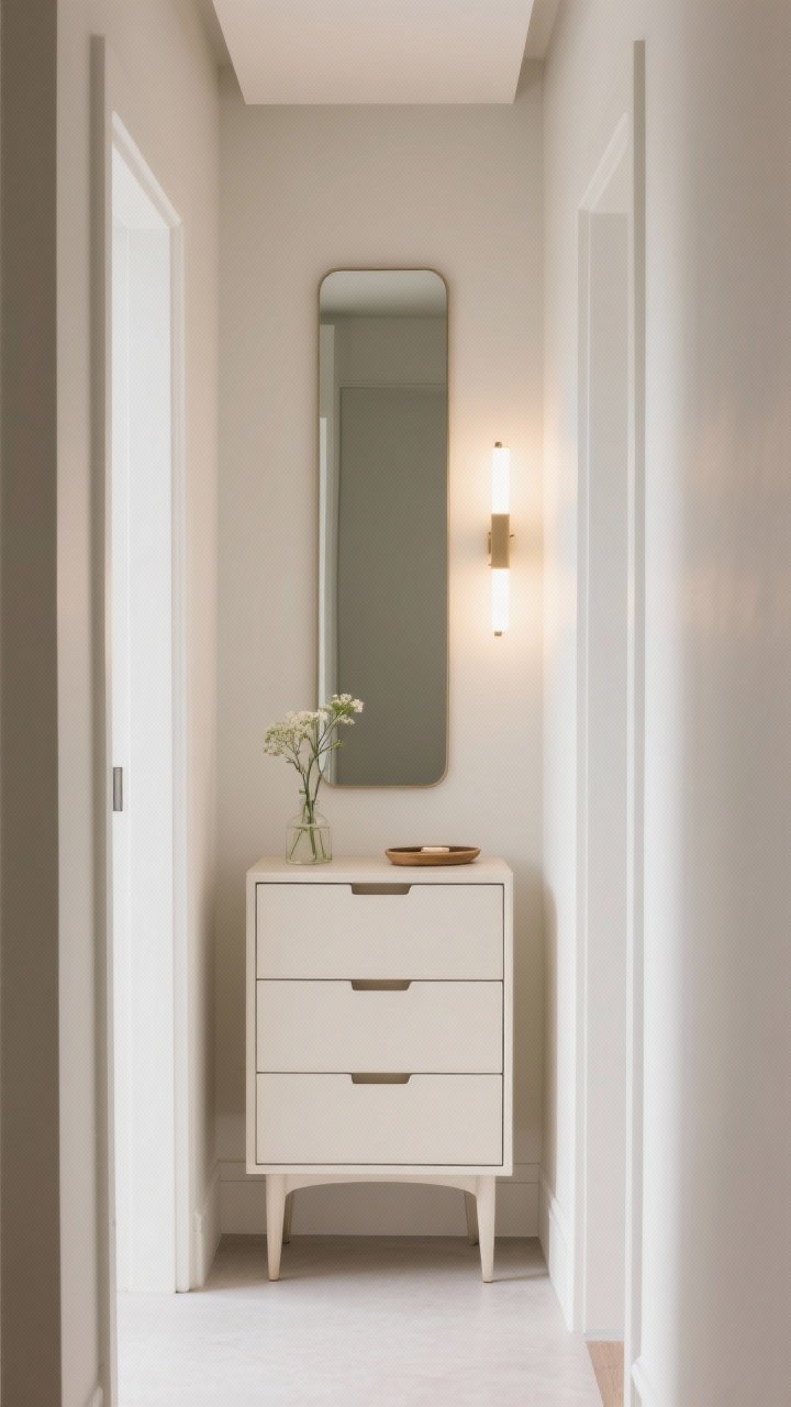 Narrow hallway, slim profile medium shot: a slim, tall dresser with narrow drawers and elevated legs in warm white/pale mushroom finish; a skinny full-length mirror hung vertically nearby to bounce light; minimal styling with a petite bud vase and tiny catch-all tray; a low-profile LED sconce above to avoid crowding; airy, space-saving composition.