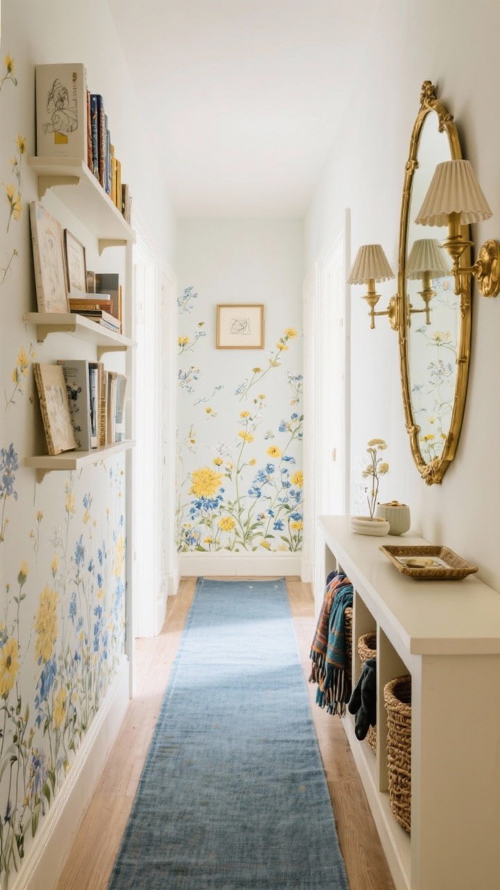 Narrow hallway wide shot from one end: wallpaper scattered in wildflowers, slim custom console with basket cubbies below holding scarves and gloves; slim upper shelves with paperbacks and tiny framed sketches; a gilded mirror reflecting light; pair of pleated sconces; runner in faded indigo guiding through; accessories including a catch-all tray on the console; cream, indigo, butter yellow, antique gold palette; collected and space-savvy feel.
