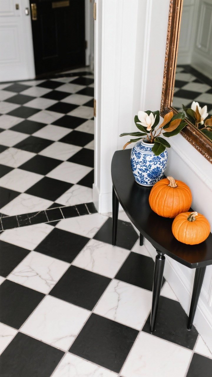 Overhead/angled detail of a classic black-and-white entry: checkerboard tile floor and a black-and-cream runner layered; base of a clean-lined black console and a bronze-framed mirror edge visible; burnt orange velvet pumpkins arranged for contrast; a blue-and-white ginger jar filled with magnolia leaves; bright, timeless with a hint of fall spice.