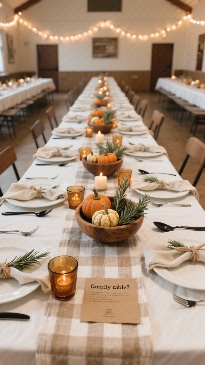 Overhead detail of a “family table” setup in a fellowship hall. Long banquet tables in white linen with gingham runners. Low centerpieces: wooden dough bowls filled with mini gourds, sage sprigs, and unscented tea lights in amber glass. Each place set with white plates, black flatware, linen napkins tied with twine and fresh rosemary sprigs, plus a kraft-paper placemat stamped with a gratitude prompt. Color story: cream, caramel, sage, pumpkin. Warm string lights with soft Edison bulbs draped in gentle scallops visible in the frame edges. Cozy farmhouse layers; no people; photorealistic.