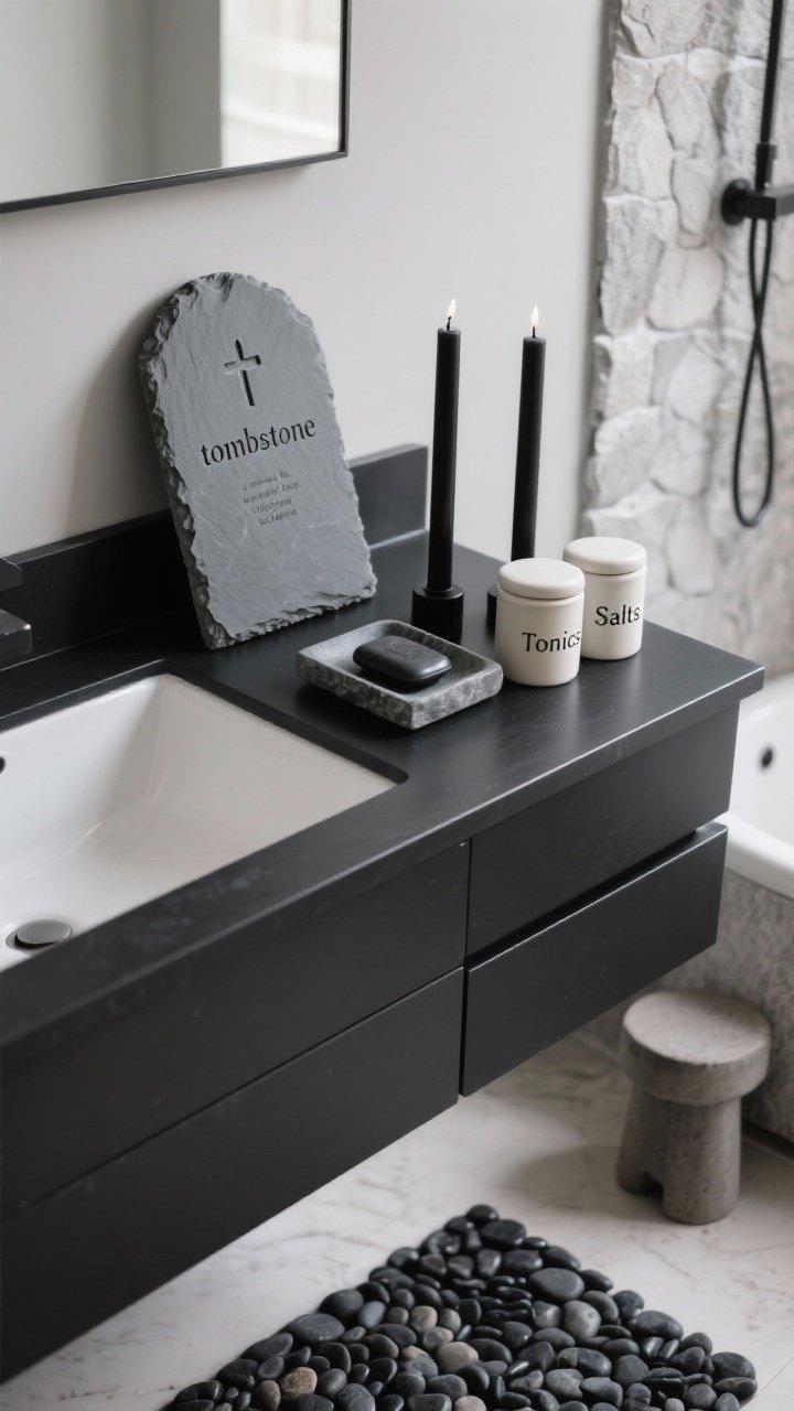 Overhead detail shot — Minimalist Tombstone Luxe: A restrained, modern arrangement on a matte black vanity: a small slate “tombstone” plaque leaning with simple engraving vibe, thin black taper candles, an obsidian-look soap dish, and ceramic canisters labeled “Tonics” and “Salts” in clean sans-serif. Soft gray color palette with ash, bone white, graphite accents; textures include honed stone and smooth ceramic. In soft focus below, a black pebble bath mat hints at the floor; nearby elements suggest a stone-textured shower curtain and concrete-look stool. Soft, diffused lighting for an elegant, chilling minimal mood.