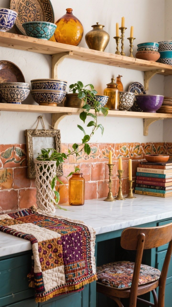Overhead detail shot of a boho harvest vintage mix on open shelving and counter: vintage pottery, patterned bowls, amber apothecary jars; mixed metals of brass and aged silver; macrame plant holder with trailing pothos in frame; Turkish runner edge visible; kantha quilt draped over a nearby chair back; hand-painted terracotta tile backsplash; cluster of brass candlesticks and a stack of well-loved cookbooks; palette of saffron, rust, aubergine, and teal.