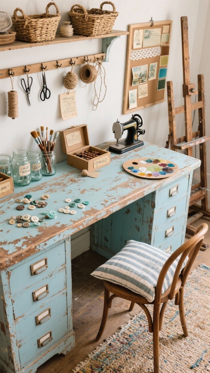 Overhead detail shot of a cottage craft studio work surface: timeworn farm desk with paint-speckled patina, scattered jelly jars of buttons, sea-glass jars of brushes, and open cigar boxes with ephemera; peg rail edge visible with woven baskets, scissors, and twine spools hanging; apothecary drawers labeled with handwritten tags partially in frame; mood board corner showing vintage postcards, lace trim, and paint chips; hints of a thrifted wooden easel or sewing machine at the edge; ticking stripe cushion on a bentwood chair peeking in, tiny rug texture below; palette clay, robin’s-egg blue, putty, natural wood; photorealistic, creative and organized, no people.