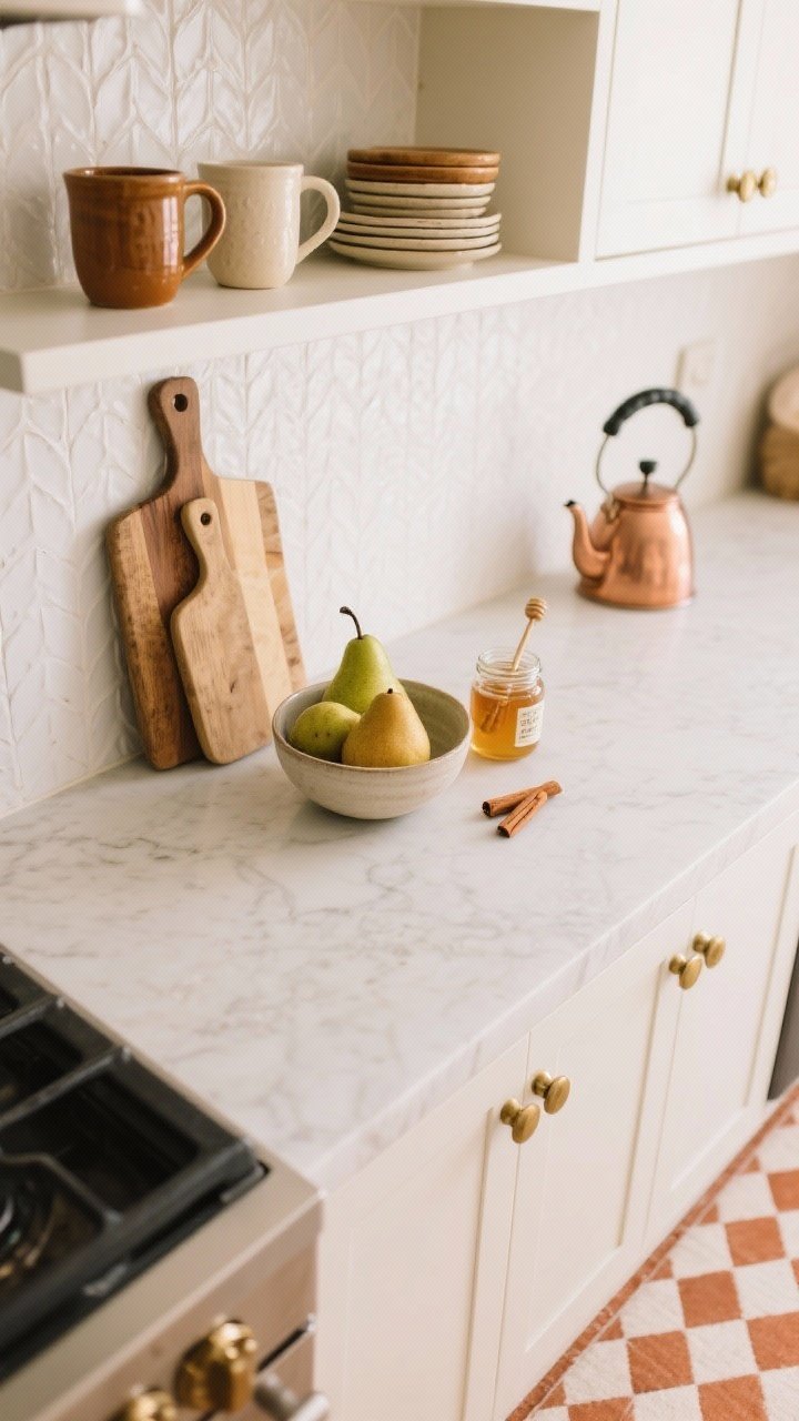 Overhead detail shot of a kitchenette countertop and open shelves: warm white textured peel-and-stick backsplash, matte brass knobs on cabinetry. Open shelves styled with stoneware mugs in caramel and cream, casually stacked wood cutting boards, and a copper kettle as functional art. On the counter: bowl of pears, a jar of clover honey with dipper, and cinnamon sticks in a small glass. Below, glimpse of a narrow runner with terracotta diamond pattern. Fresh, warm, photorealistic.