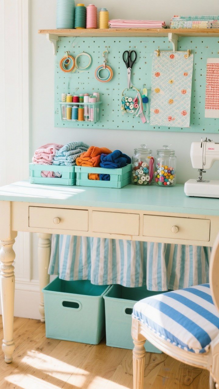 Overhead detail shot of a sunlit sewing table with turned legs: fabric folded by color in open crates, clear glass jars of buttons, thread, and ribbons lined up like candy; pegboard painted pale mint holding scissors, hoops, and patterns; skirted curtain hiding bins under the table; a ticking stripe blue cushion on the chair edge visible; mint, buttercream, and ticking stripe blue palette; playful, productive mood with bright natural light.
