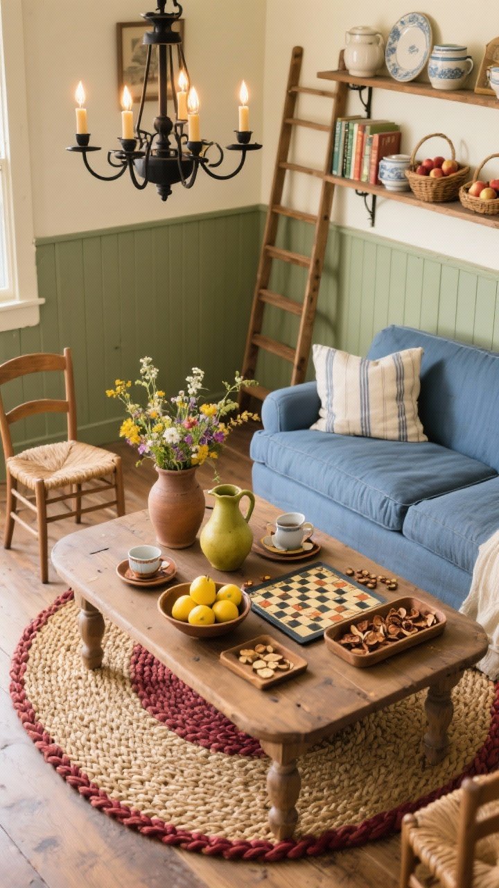 Overhead detail shot, photorealistic: A harvest table used as a coffee table set for board games and tea trays, on a braided oval rug in cider, wheat, and cranberry tones, with a centerpiece bowl of lemons and pears and earthenware pitchers filled with wildflowers; edge of a cotton ticking sofa in blue-and-cream and nearby ladder-back chairs with rush seats visible; background hints of sage beadboard against buttermilk walls and open shelves holding crockery, cookbooks, and baskets of dried apples; warm glow from a black iron chandelier with candle bulbs just out of frame, farm-fresh cozy mood, no people.
