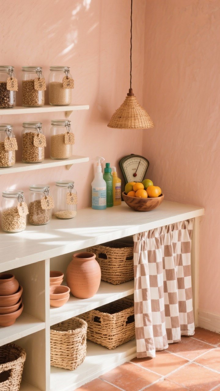 Overhead detail shot: Sunlit pantry shelf vignette with peach-wash walls and cream shelving; terracotta floor tiles visible at edge; glass jars filled with grains labeled with woven tags, wicker baskets along lower shelf, stacked hand-thrown pottery; a checkerboard cotton curtain partially concealing cleaning supplies; citrus piled in a wooden bowl, vintage scale nearby; warm rattan pendant throwing soft shadows.