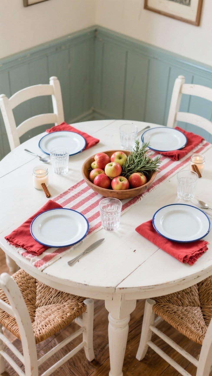 Overhead shot, Apple Orchard Classic: Creamy white round painted table with a red-and-cream ticking runner. Shallow wooden bowl heaped with apples tucked with sprigs of rosemary at center. Blue-rimmed enamel plates, red linen napkins, clear everyday glassware, and small jar candles suggesting cinnamon scent. Ladder-back chairs with woven seats partially visible. Palette of cream, apple red, sage, dusty blue. Crisp, homey atmosphere. Photorealistic.
