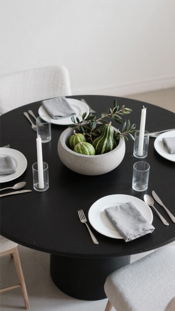 Overhead shot, Modern Minimal Harvest: A black round table with no runner, showcasing negative space. A single sculptural concrete bowl in the center filled with green gourds and olive branches arranged artfully. Sleek white coupe plates, dove gray linen napkins, brushed stainless flatware, and two pillar candles in clear glass cylinders. Palette of black, gray, white, olive. Clean lines, balanced composition, soft diffused light. Photorealistic.