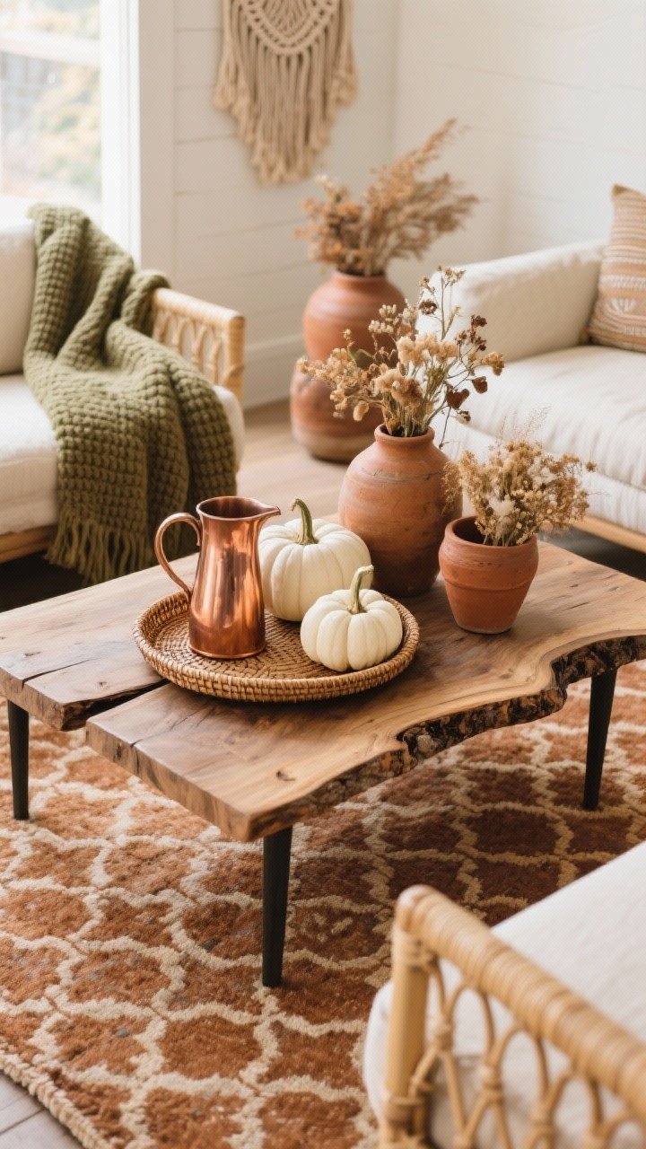 Overhead tabletop shot: A live-edge coffee table set on a patterned rug with caramel and clay tones. Styled with copper pitchers, a woven tray, mini white pumpkins, terracotta pots, hand-thrown ceramic vases, and dried florals. A chunky knit throw and a macrame wall hanging visible at the edges provide artisan texture. Palette of clay, copper, cream, and olive; mixed seating of linen and rattan implied in background blur. Soft afternoon light, photorealistic.