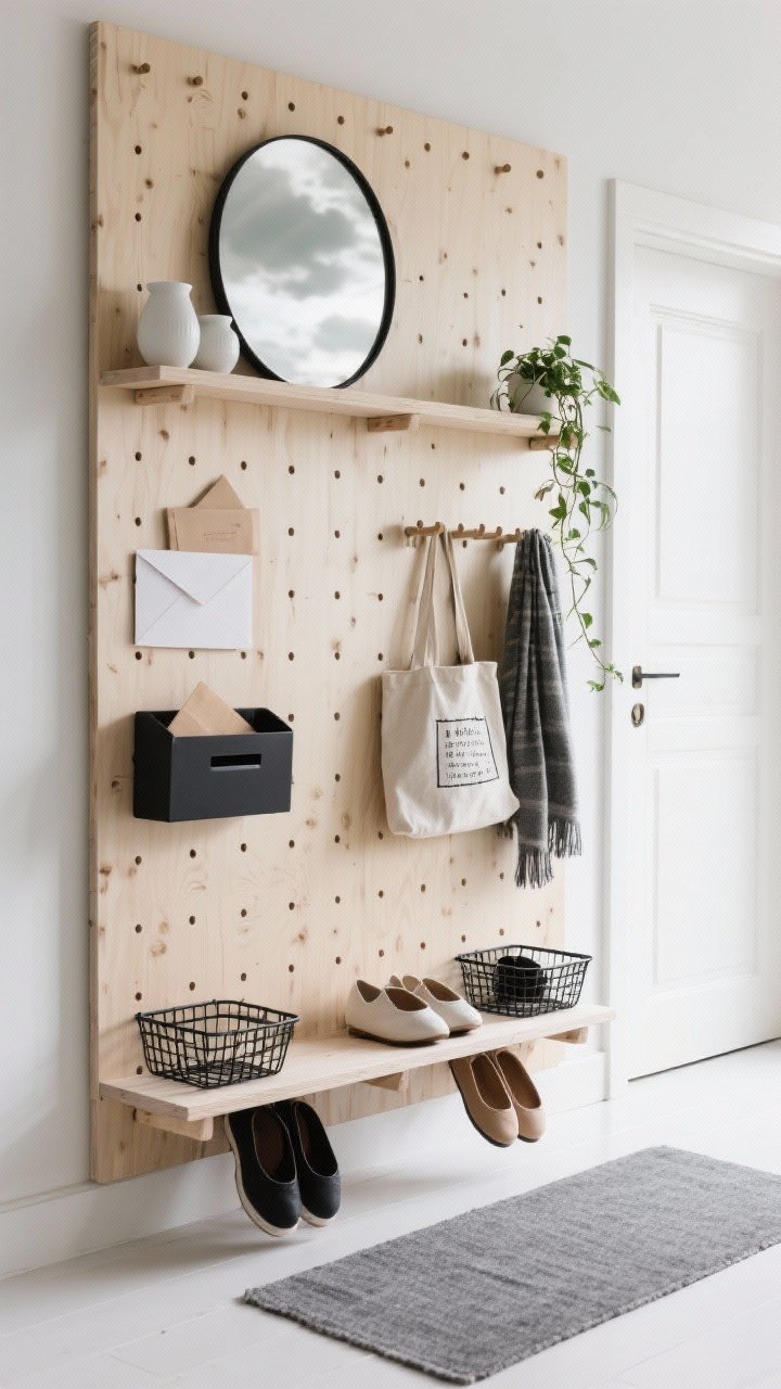 Photorealistic closeup/detail shot, Scandinavian pegboard: full-height birch pegboard with adjustable elements; highlight a shoe shelf at ankle height with neatly placed shoes, a mail tray near door level with envelopes, and a peg rail holding a tote and scarf; include black metal baskets for contrast, a single trailing plant, and minimal white ceramics; circular frameless mirror leaning on a top shelf slightly out of focus; cloud-gray runner visible below; clean, minimal, natural light.