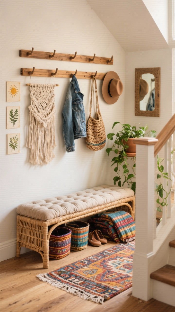 Photorealistic corner medium shot, Boho layered landing: curved rattan bench with tufted cushion set on a patterned kilim runner; under-bench colorful mudcloth bins for shoes and a folded throw; above, staggered wooden wall pegs displaying woven bags, denim jackets, and a floppy hat; wall mini gallery of sunprint botanicals, a fiber wall hanging, and a small mirror; potted pothos trailing; warm, textured, layered styling with soft natural light.