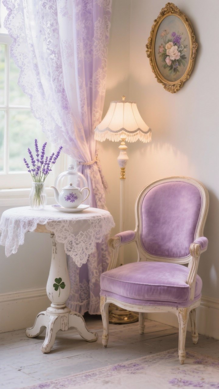 Photorealistic detail closeup focused on delicate lace-and-lavender accents: the corner of a petite Victorian slipper chair in pale lavender velvet next to a clover-shaped pedestal table in distressed white holding a teapot and saucer; lace café curtains softly filtering light in the background; a porcelain lamp with a scalloped shade casting a gentle glow; hints of an oval cameo frame and a floral oil painting with a gilded edge on the wall; a tiny glass cloche with dried lavender stems atop the table; palette of lavender, cream, soft gold, blush; textures of lace, velvet, porcelain, and aged patina; intimate, shallow depth of field.