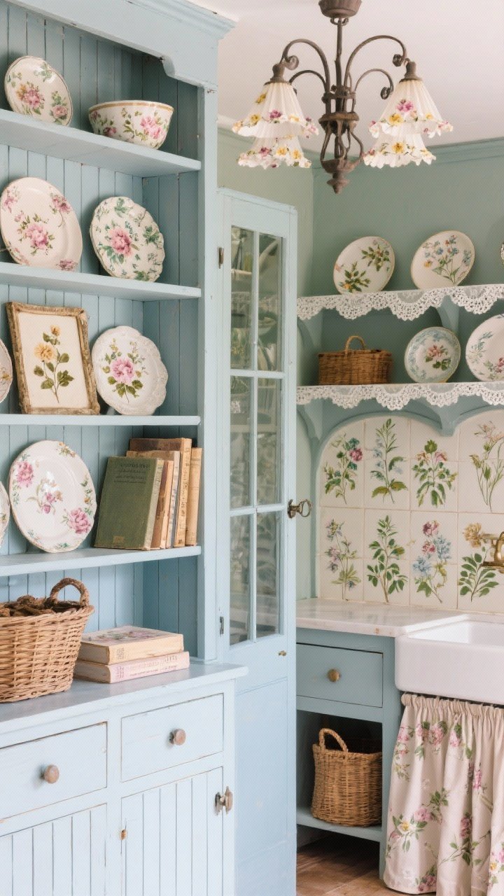 Photorealistic detail closeup from an angle of English cottage florals and mismatched charm: open shelves with mismatched floral china patterns, tattered cookbooks stacked beside pressed flower frames; painted pine cabinetry in pale duck egg blue and ivory beadboard; a glimpse of handpainted botanical tiles behind the range; lace shelf liners in a nearby butler’s pantry alcove with glass-front doors; wicker baskets and a skirted sink base fabric edge peeking in; soft blush and soft olive accents; painted-iron chandelier with tiny floral shades softly glowing. Intimate, collected-over-time feel.