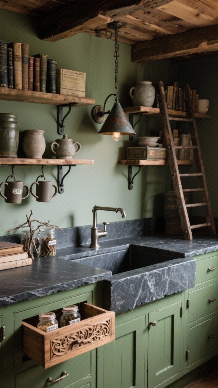 Photorealistic detail closeup of a woodland writer’s retreat countertop: moss-green cabinets and dark soapstone counters with a pewter bridge faucet at a deep sink; carved wood spice drawers slightly open showing labeled jars; twig-handled mugs on iron shelf brackets; a section of plank ceiling with visible beams above; a library ladder track with the ladder edge in frame, high shelves stacked with stoneware crocks, tea tins, and weathered recipe books; cone-shade sconce light and a patinated metal pendant casting soft, moody illumination. Cozy, contemplative atmosphere.