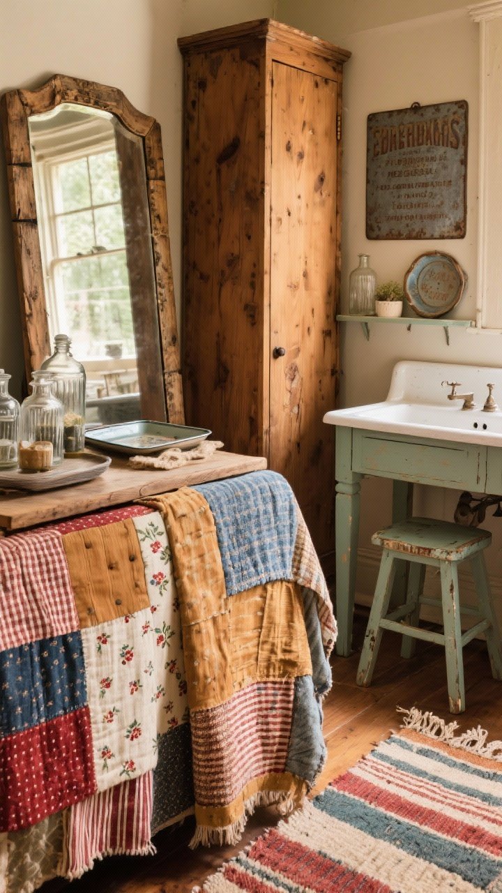 Photorealistic detail closeup of collected textiles and mismatched wood: a worn oak mirror edge, a narrow pine cabinet, and a painted stool frame the shot; in the foreground, layered patchwork textiles in honey wood tones, faded red, indigo, and cream with tiny checks, ticking stripes, and small florals; a freestanding washstand with a vintage basin partially visible; styling details include glass apothecary jars, enamel trays, and a glimpse of an old tin sign; a striped rag rug underfoot; warm, cozy ambient light; overhead-leaning angle to highlight pattern and texture.