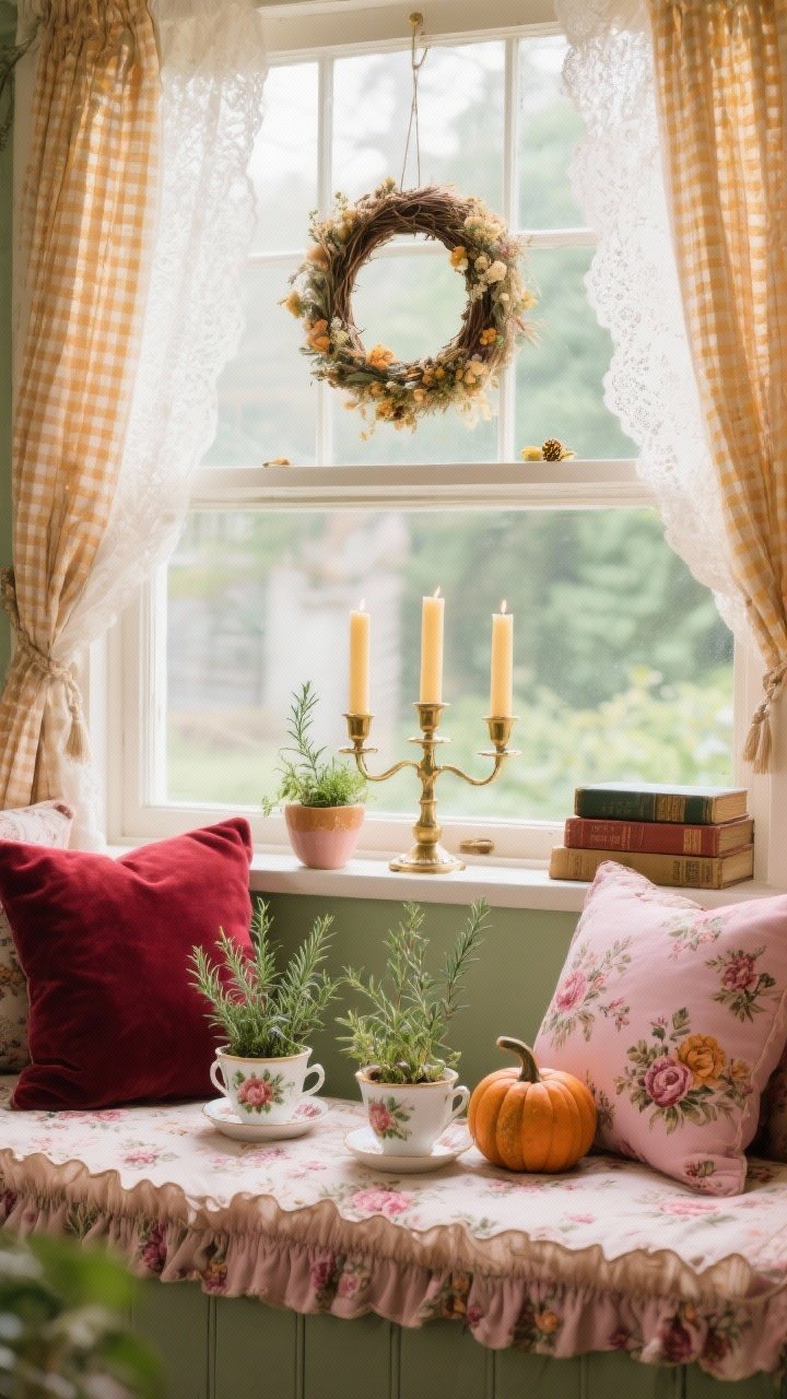 Photorealistic detailed closeup from a straight-on, slightly elevated angle of a cottagecore window garden on the bay sill: thrifted teacups used as planters for thyme and rosemary, tiny velvet pumpkins in autumn tones, a brass candlestick trio with beeswax tapers; in soft-focus background, floral chintz cushions in cranberry and blush with a ruffled window seat skirt, lace café curtains tied back with honey gingham; a dried floral hoop wreath hanging above the center pane and a small stack of vintage books to one side; color story of cranberry, blush, honey, and moss green; gentle, romantic daylight filtering through lace, no people.