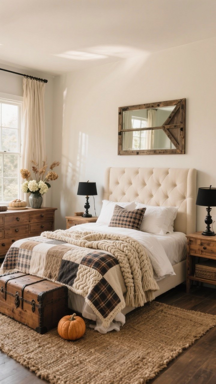 Photorealistic medium bedroom view from the foot of the bed: cream tufted headboard, flannel sheets, plaid/patchwork quilt, thick cable-knit throw at the foot; mismatched wooden nightstands with black metal lamps; wood trunk at the end of the bed; barn-style mirror above a dresser styled with dried hydrangeas and a ceramic pumpkin; jute rug underfoot and linen curtains at the windows; cream, wheat, chestnut palette with black accents; soft morning light.