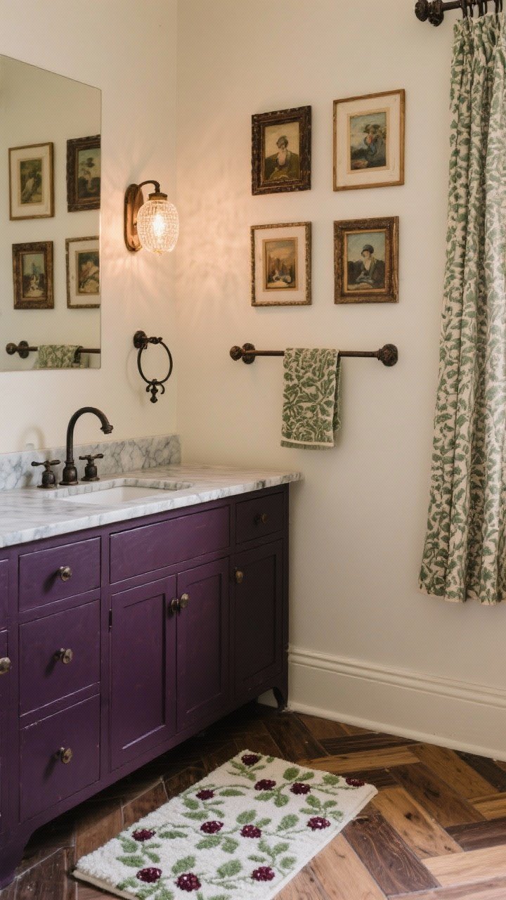 Photorealistic medium shot focusing on a deep blackberry-plum painted vanity topped with a softly veined stone countertop against cream walls; wrought iron towel ring, curtain rod, and shelf brackets add contrast; a curated gallery of small oil paintings in thrifted frames arranged above; a patterned bath mat with subtle berry and leaf motifs on herringbone wood-look tile flooring; seeded glass sconces with warm bulbs provide moody illumination; color accents: plum, cream, aged iron, moss; straight-on composition with rich, cozy atmosphere.