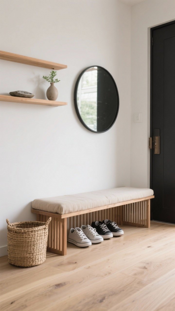 Photorealistic medium shot, Japandi Calm entryway: pale oak floors and matte white wall; low slatted wood shoe bench with oatmeal linen cushion, sneakers neatly lined under; woven lidded basket tucked under one side; above, two thin blonde oak floating ledges holding a tiny stone catchall tray and a petite sculptural ceramic vase with greenery; a round thin-framed black mirror centered; soft, diffused natural daylight, palette of warm wood, cream, and hints of charcoal; clean, serene styling with subtle texture on wood slats and linen.