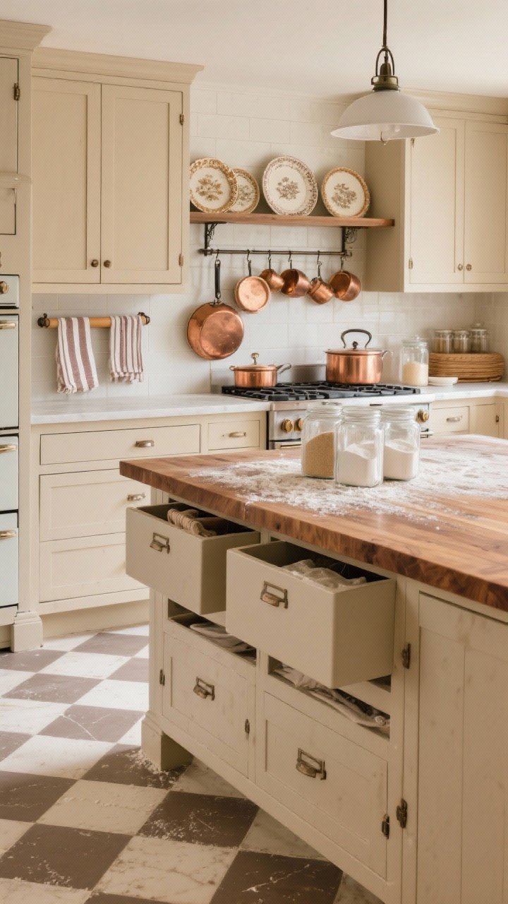 Photorealistic medium shot of a flour-dusted baker’s kitchen in warm neutrals: walnut island with thick butcher block top lightly dusted with flour; mushroom-beige shaker cabinets; creamy farmhouse range; open plate rails displaying heirloom pie dishes; copper mixing bowls hanging from a rail over the backsplash; checkerboard floor in taupe and ivory; tilt-out flour bins and apothecary drawers visible; rolling pin rack mounted on the wall; petite schoolhouse pendants over the island; striped linen tea towels and a cluster of glass flour jars on the counter. Warm, cozy, functional ambiance.