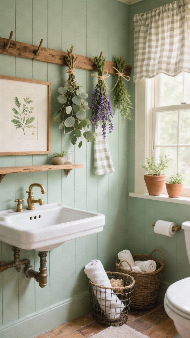 Photorealistic medium shot of a lived-in herbalist bathroom wall with soft sage-painted beadboard and a rustic wooden peg rail; dried eucalyptus, lavender, and rosemary tied with twine hang neatly; include a console sink with exposed plumbing, brushed nickel or unlacquered brass faucet, a framed botanical print, clay pots on a window ledge filtering light through a checkered cotton curtain; wire baskets on the floor hold rolled towels and bath salts; colors: sage, warm wood, cream; natural daylight; slight corner angle for depth.