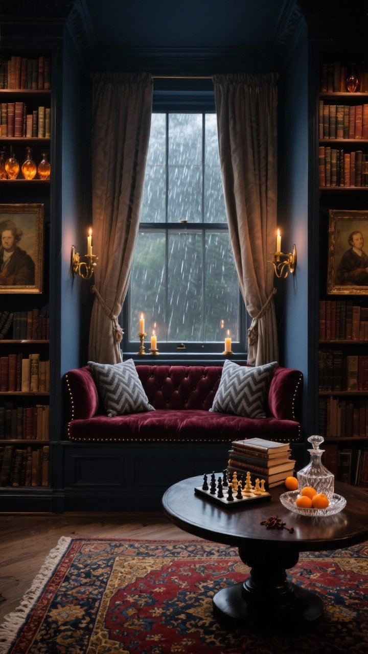 Photorealistic medium shot of a moody library bay window scene, shot straight-on with dramatic low, warm lighting: bay walls painted in deep ink blue or charcoal framing the view, a merlot velvet window seat cushion with studded trim, herringbone wool pillows in slate and burgundy; built-in bookshelves flanking the bay filled with leather spines, amber glass, and a couple of antique oil paintings; heavy linen drapes in mushroom puddled on the floor; aged brass sconces glowing inside the bay, low flickering LED candles on the sill; a dark wood round pedestal table with a chess set or stacked art books, and a cut-glass decanter tray with clove-studded oranges catching candlelight; Persian-style rug in oxblood, navy, and gold; rain-on-window vibe, no people.