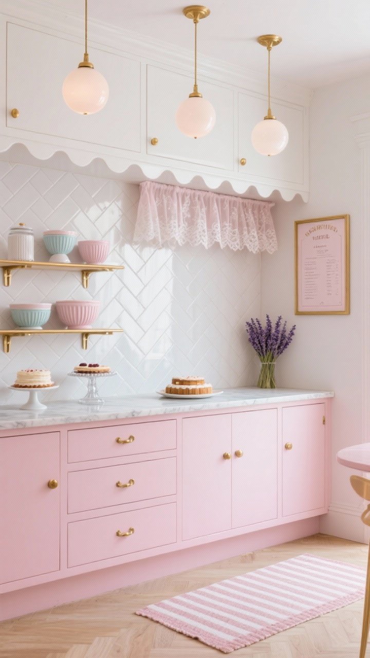 Photorealistic medium shot of a pastel patisserie vignette: blush pink lower cabinets, white uppers with scalloped trim; glossy white herringbone tile backsplash; petite marble-topped pastry station under lace cafe curtains; open shelves with porcelain cake stands, pastel mixing bowls, ribbed glass canisters; fluted drawer pulls, scalloped-edge shelves, slim brass gallery rails; opal globe pendants with soft gold fittings; a striped French mat on the floor, golden-framed pastry menu on the wall, and dried lavender bundles nearby. Light, delicate, feminine mood.